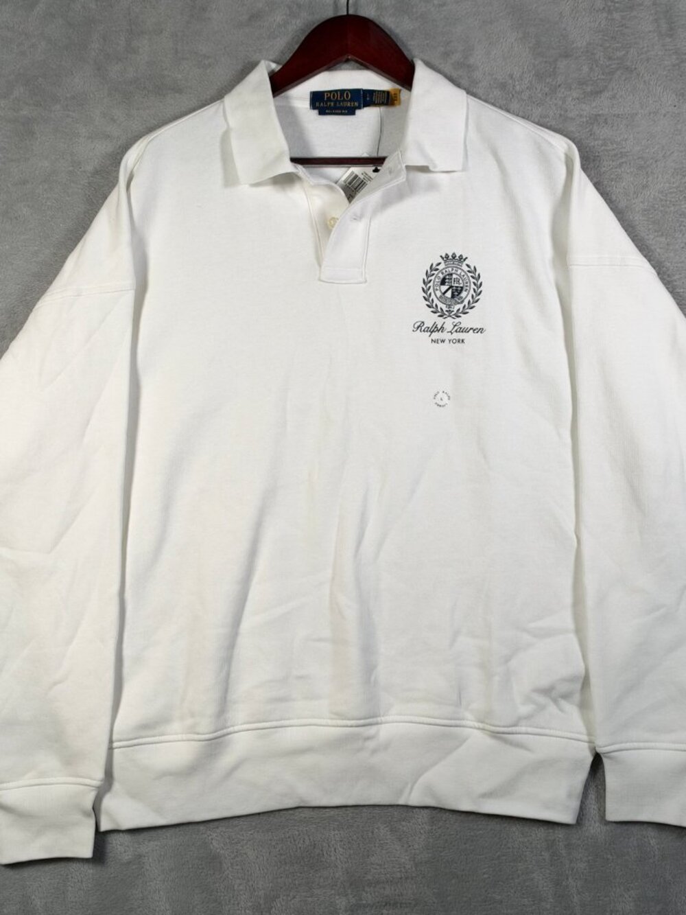 Polo Ralph Lauren Sweatshirt Mens L White Crest New York Rugby Collar Relaxed